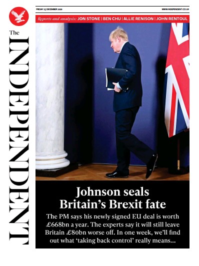 The Independent Newspaper Front Page for 25 December 2020