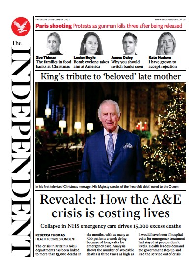 The Independent Newspaper Front Page for 25 December 2022