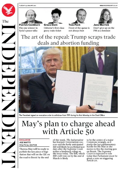 The Independent Newspaper Front Page for 25 January 2017