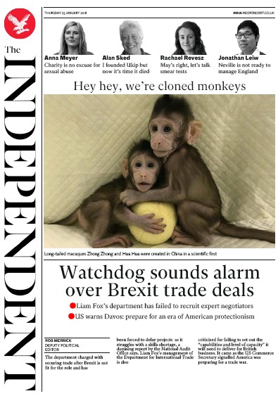 The Independent Newspaper Front Page for 25 January 2018