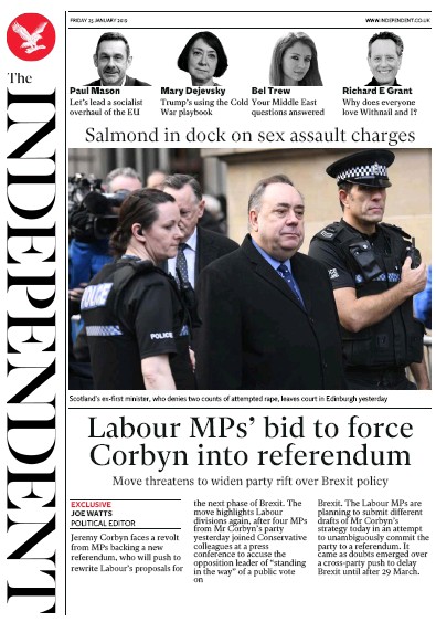 The Independent (UK) Newspaper Front Page for 25 January 2019