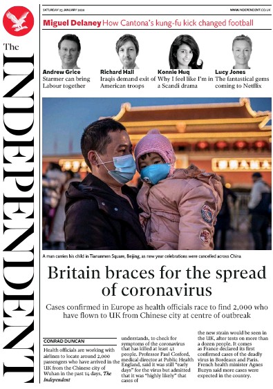 The Independent (UK) Newspaper Front Page for 25 January 2020