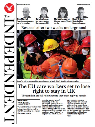 The Independent Newspaper Front Page for 25 January 2021