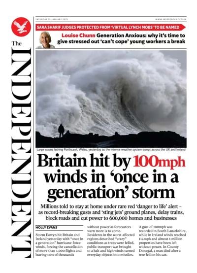 The Independent (UK) Newspaper Front Page for 25 January 2025