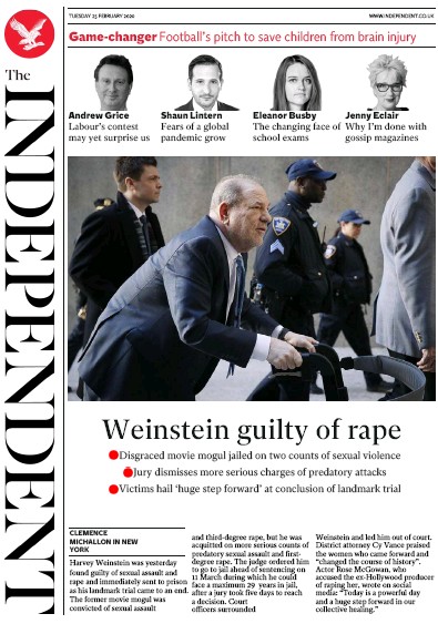 The Independent (UK) Newspaper Front Page for 25 February 2020