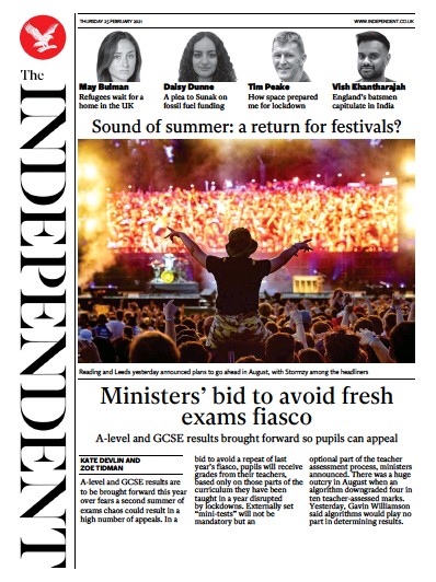 The Independent Newspaper Front Page for 25 February 2021