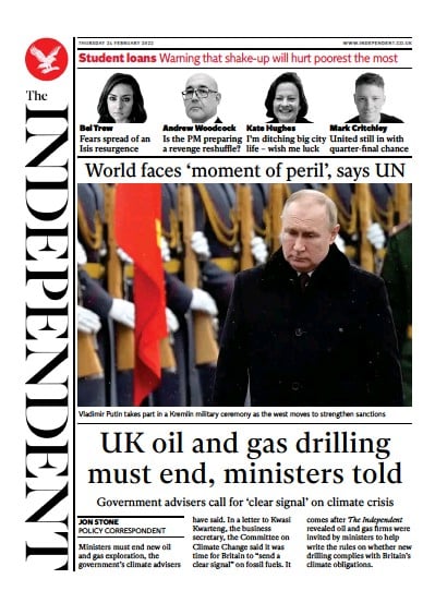 The Independent Newspaper Front Page for 25 February 2022