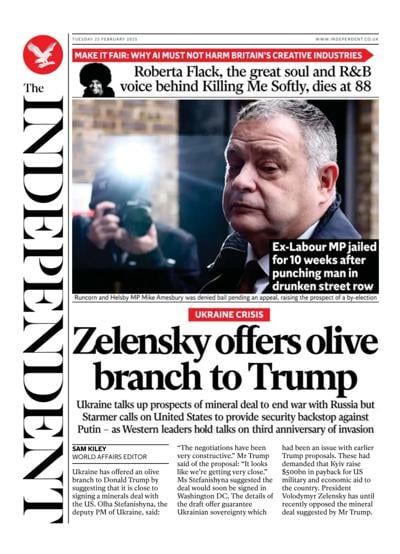 The Independent (UK) Newspaper Front Page for 25 February 2025