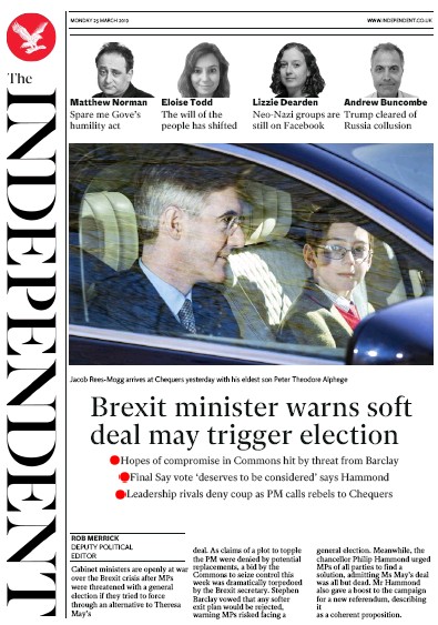 The Independent Newspaper Front Page for 25 March 2019