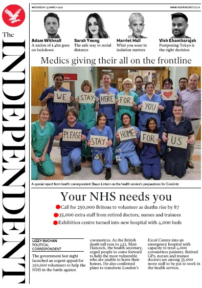 The Independent (UK) Newspaper Front Page for 25 March 2020