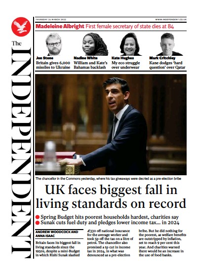 The Independent Newspaper Front Page for 25 March 2022