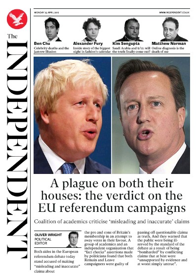 The Independent Newspaper Front Page for 25 April 2016