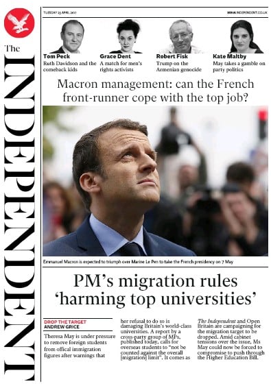 The Independent Newspaper Front Page for 25 April 2017