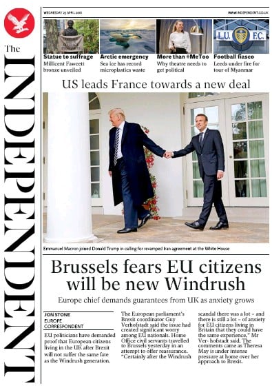 The Independent Newspaper Front Page for 25 April 2018
