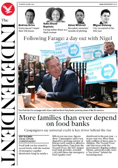The Independent Newspaper Front Page for 25 April 2019