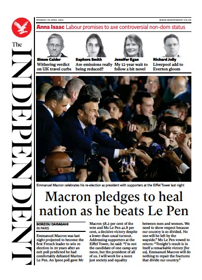 The Independent (UK) Newspaper Front Page for 25 April 2022