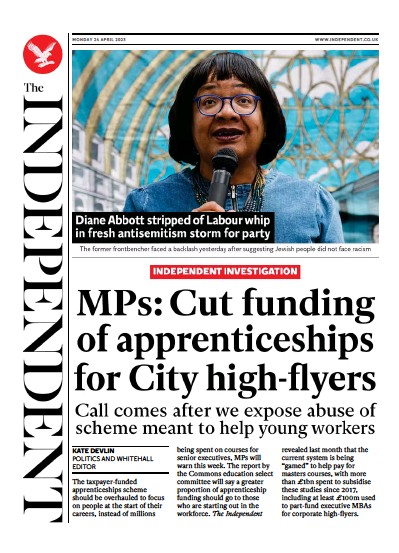 The Independent (UK) Newspaper Front Page for 25 April 2023