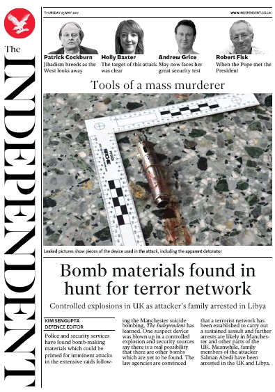 The Independent Newspaper Front Page for 25 May 2017
