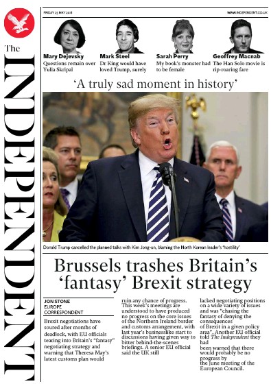 The Independent (UK) Newspaper Front Page for 25 May 2018