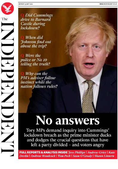 The Independent Newspaper Front Page for 25 May 2020