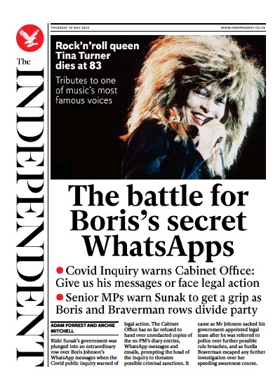 The Independent (UK) Newspaper Front Page for 25 May 2023