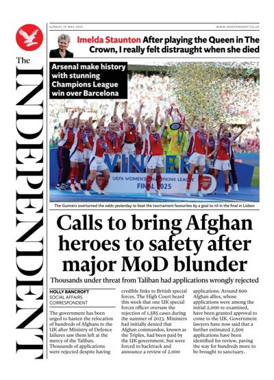 The Independent (UK) Newspaper Front Page for 25 May 2025