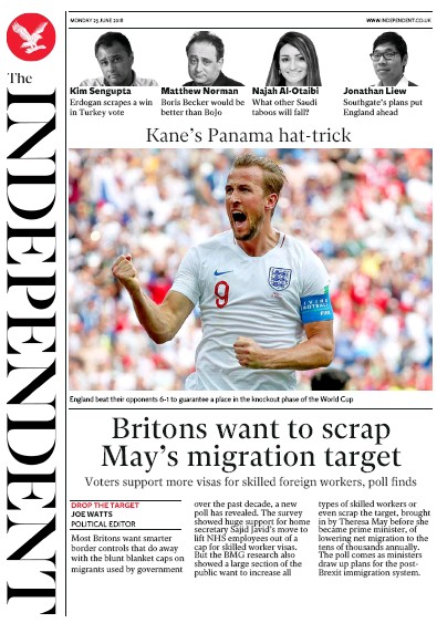 The Independent Newspaper Front Page for 25 June 2018