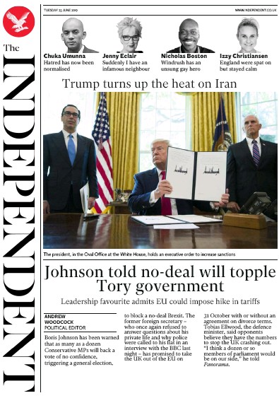 The Independent Newspaper Front Page for 25 June 2019