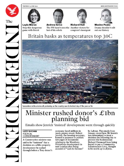 The Independent (UK) Newspaper Front Page for 25 June 2020