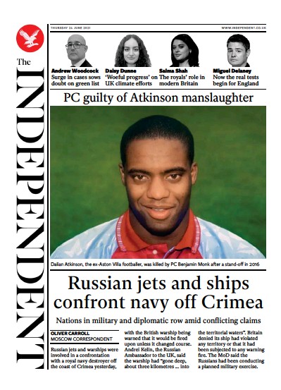 The Independent (UK) Newspaper Front Page for 25 June 2021