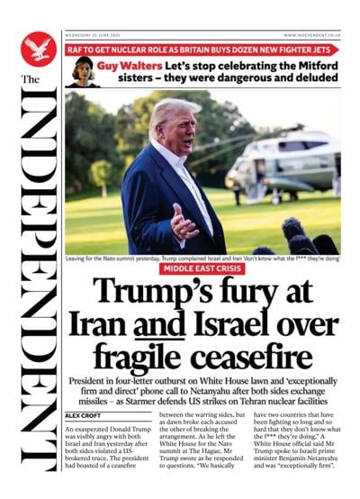 The Independent (UK) Newspaper Front Page for 25 June 2025