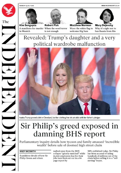 The Independent Newspaper Front Page for 25 July 2016