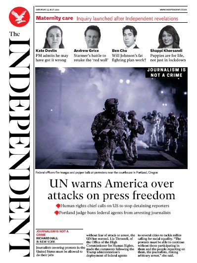 The Independent (UK) Newspaper Front Page for 25 July 2020
