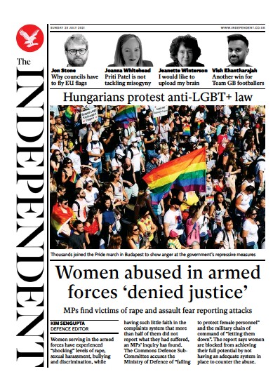 The Independent (UK) Newspaper Front Page for 25 July 2021