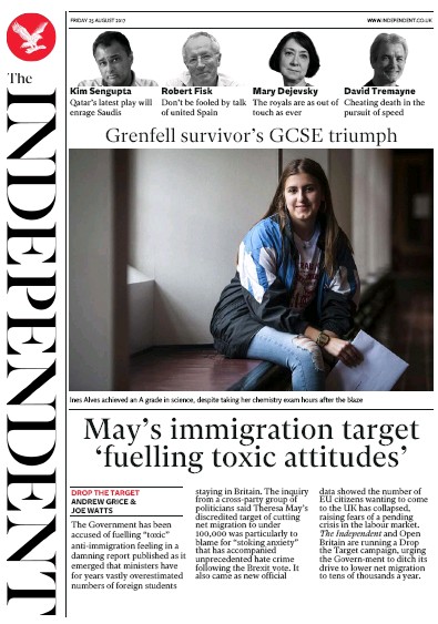 The Independent Newspaper Front Page for 25 August 2017