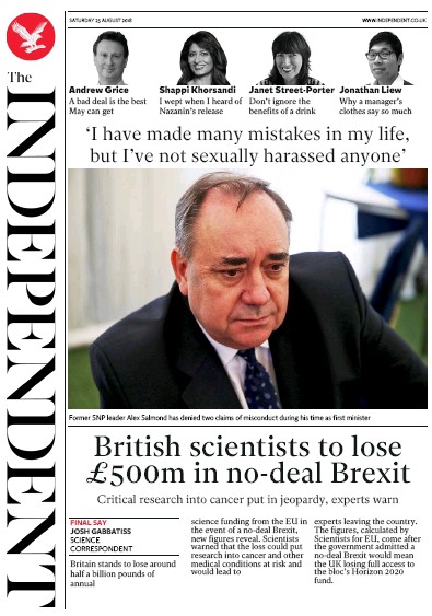 The Independent Newspaper Front Page for 25 August 2018
