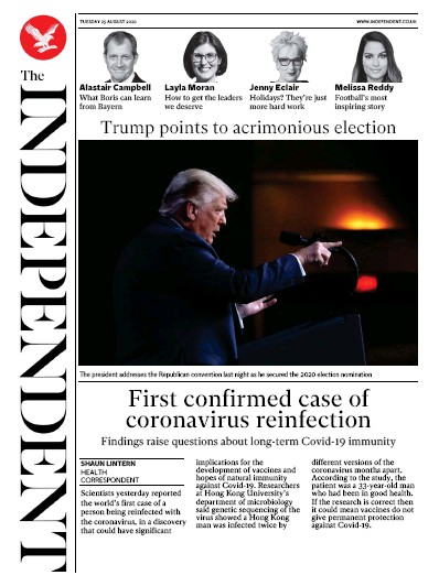 The Independent Newspaper Front Page for 25 August 2020