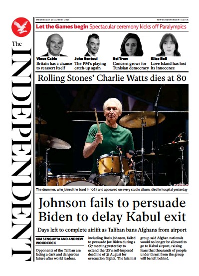 The Independent (UK) Newspaper Front Page for 25 August 2021