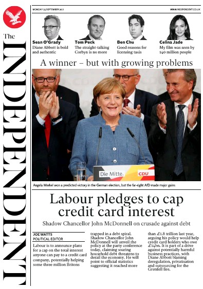 The Independent Newspaper Front Page for 25 September 2017