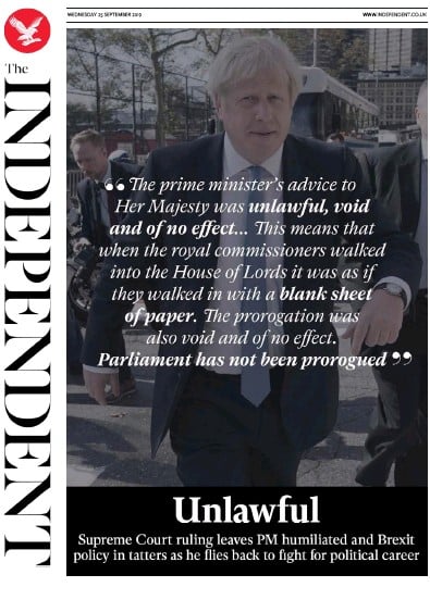 The Independent Newspaper Front Page for 25 September 2019