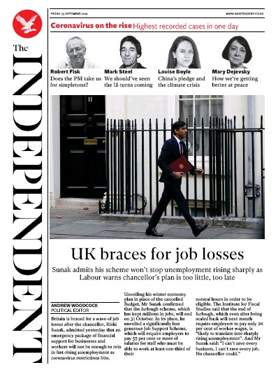 The Independent Newspaper Front Page for 25 September 2020