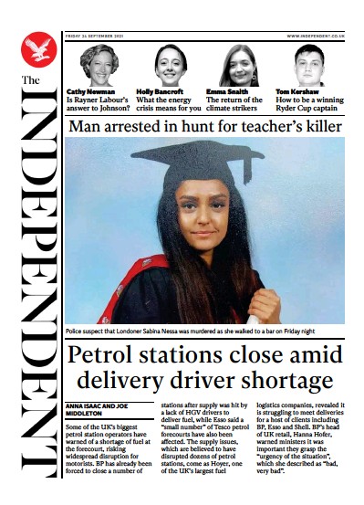 The Independent (UK) Newspaper Front Page for 25 September 2021