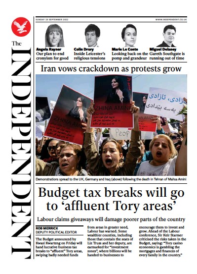 The Independent (UK) Newspaper Front Page for 25 September 2022