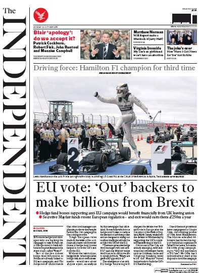 The Independent Newspaper Front Page for 26 October 2015
