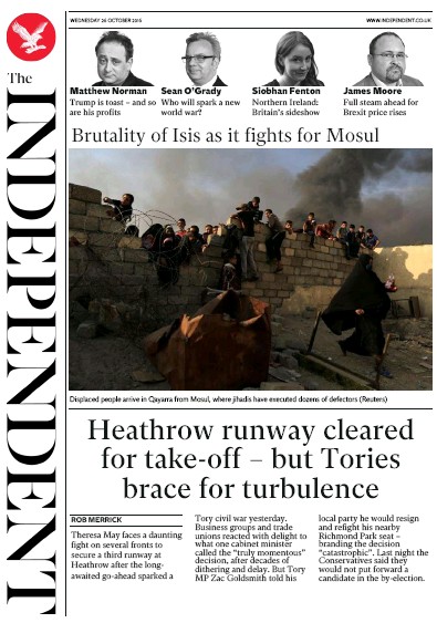 The Independent Newspaper Front Page for 26 October 2016