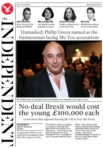 The Independent (UK) Newspaper Front Page for 26 October 2018