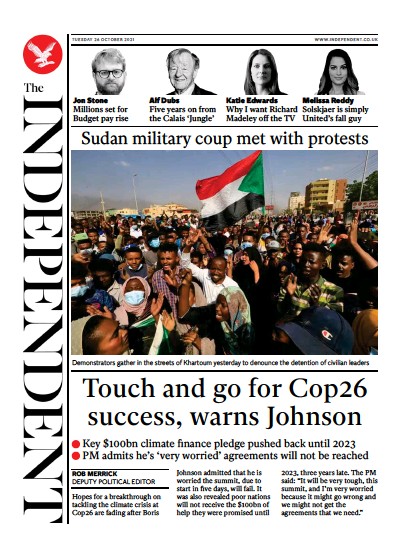 The Independent (UK) Newspaper Front Page for 26 October 2021