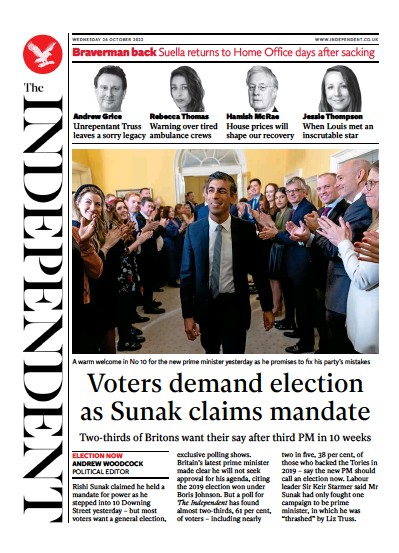 The Independent (UK) Newspaper Front Page for 26 October 2022