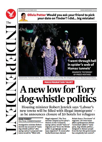 The Independent (UK) Newspaper Front Page for 26 October 2023