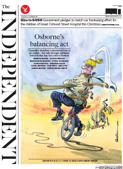 The Independent (UK) Newspaper Front Page for 26 November 2015